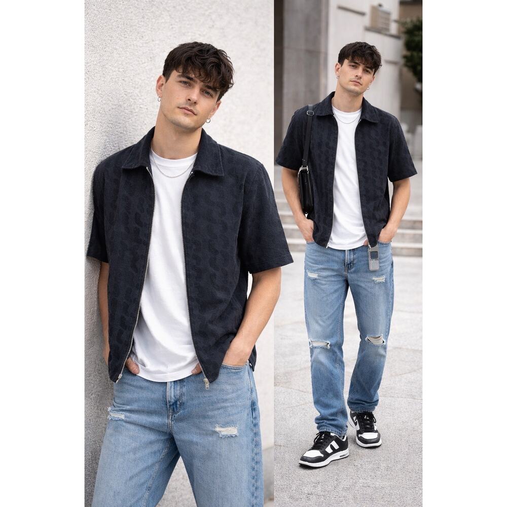 Urban Outfitters Men’s Medium Black Textured Zip Up Shirt Jacket Casual Minimal